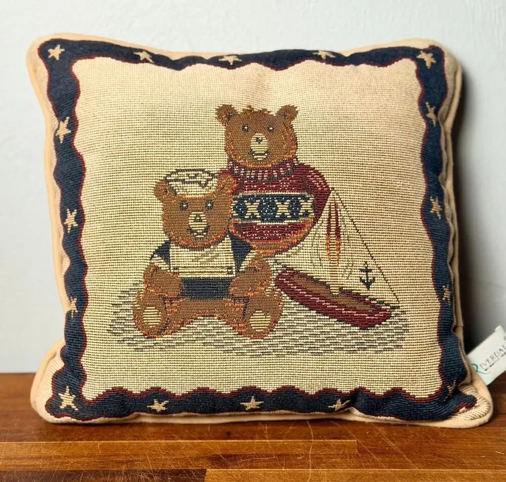 Vintage Riverdale Teddy Bear Tapestry Pillow Nautical Sailboat Americana Coastal